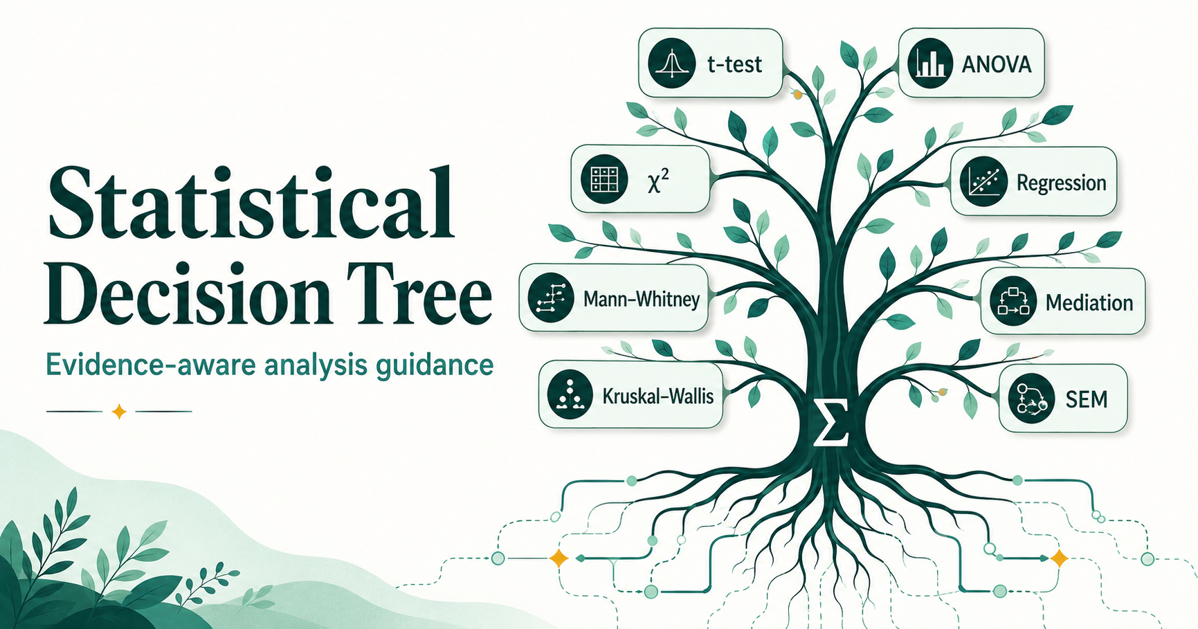 Statistical decision tree with branches representing statistical tests